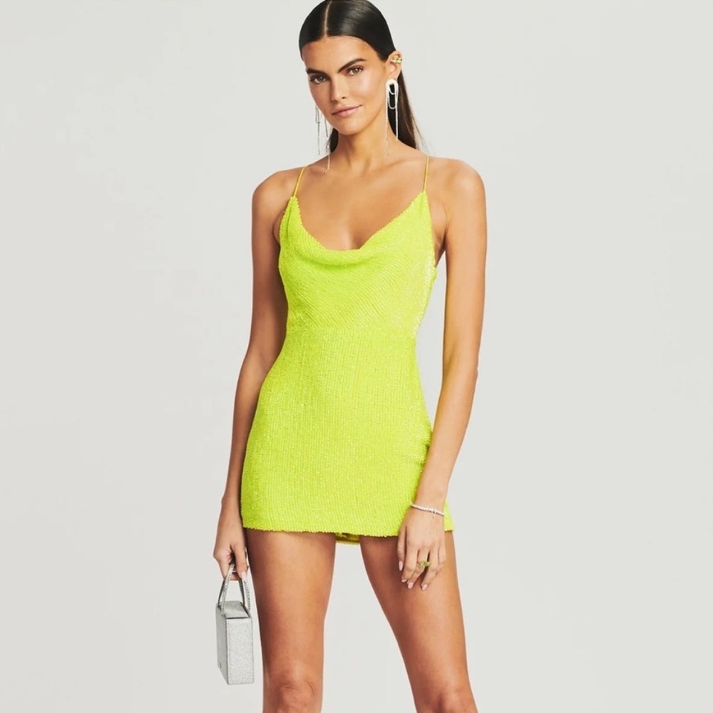 Retrofete Neon Lime Beaded Cowl Mini Dress